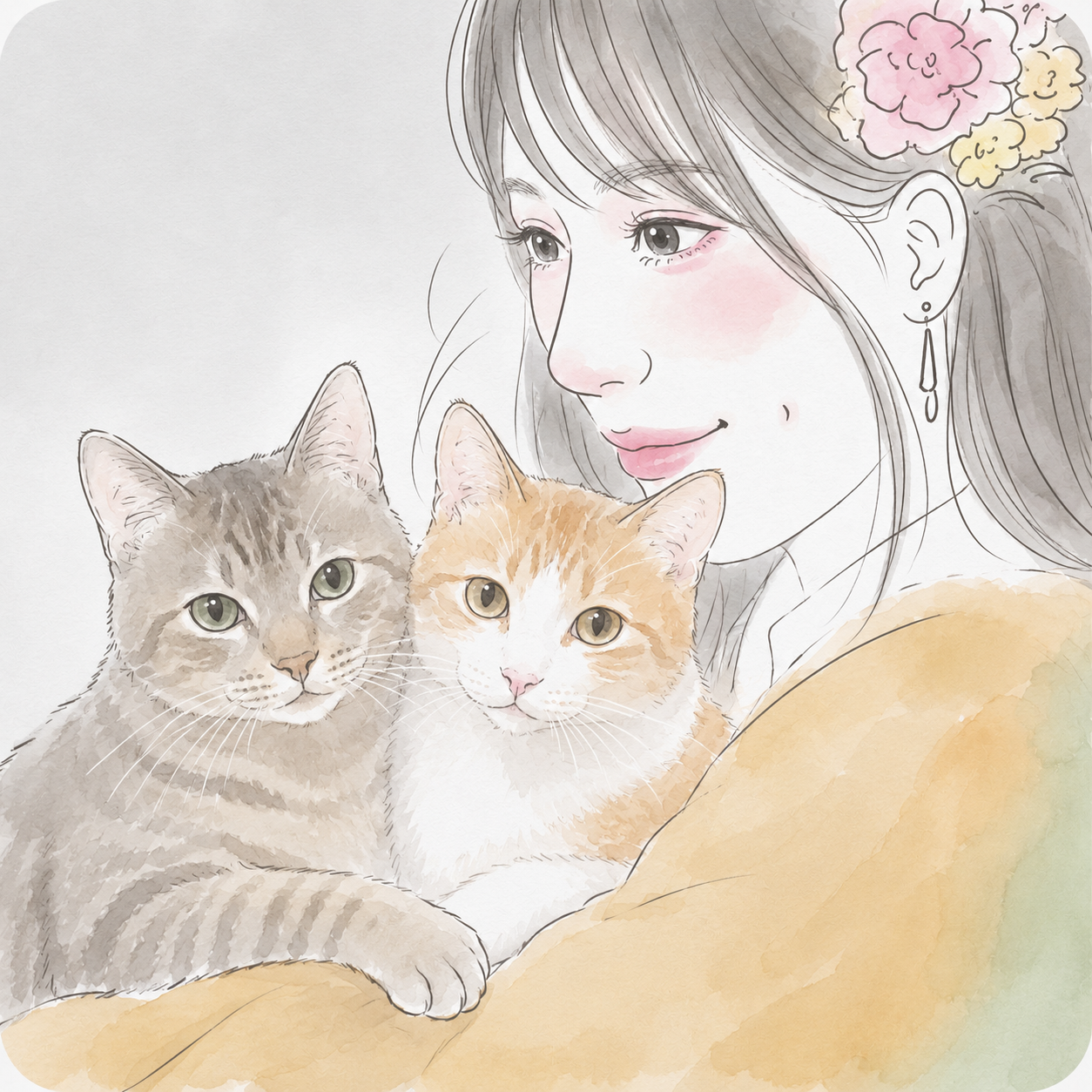 Romyと2匹の猫の水彩イラスト
